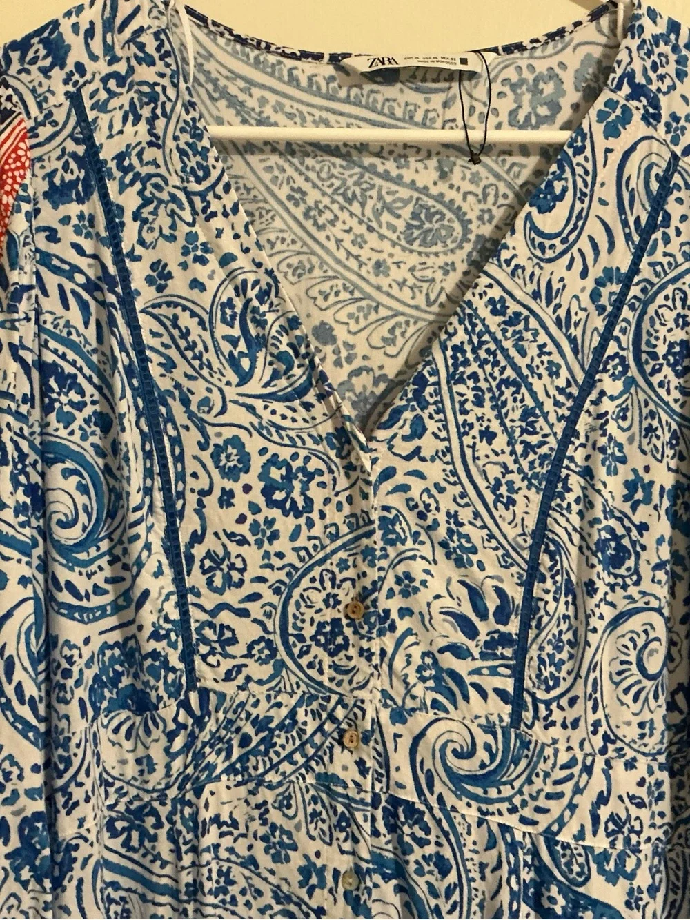 Zara XL Paisley Midi Dress Linen Blend Blue White Red Boho Prairie Resortwear - Picture 3 of 6